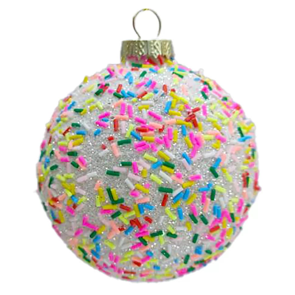 Christmas Forever ORN GLASS BALL 3″ WHITE W/ MULTI CANDY SPRINKLE