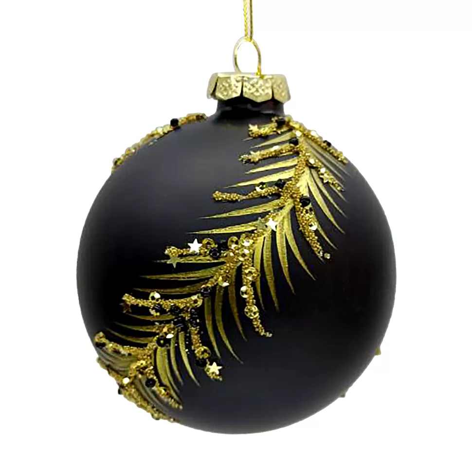 Christmas Forever ORN GLASS BALL 4″ BLACK MATT LEAFW/ GOLD GLITTER
