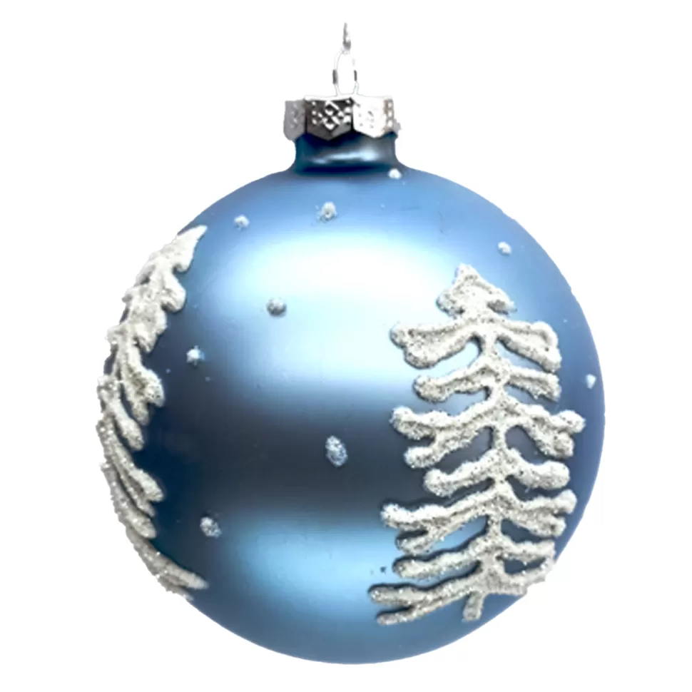 Christmas Forever ORN GLASS BALL 4″ BLUE ICE WITH WHITE TREE