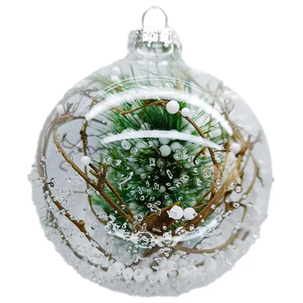Christmas Forever ORN GLASS BALL 4″ CLEAR W/ TWIG, PINE & SNOW