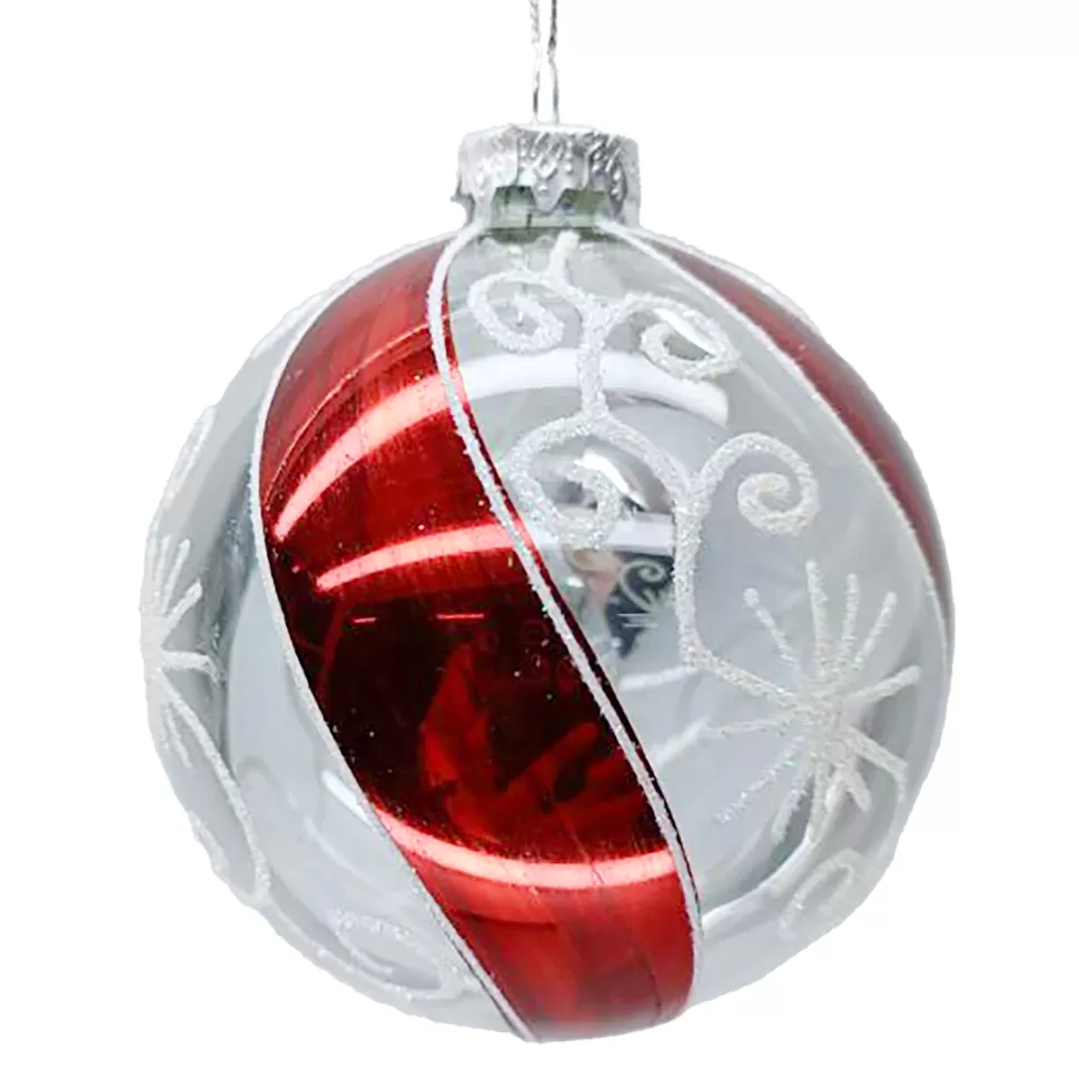 Christmas Forever ORN GLASS BALL 4″ CLEAR/RED SWIRL W/ WHITE GLITTER