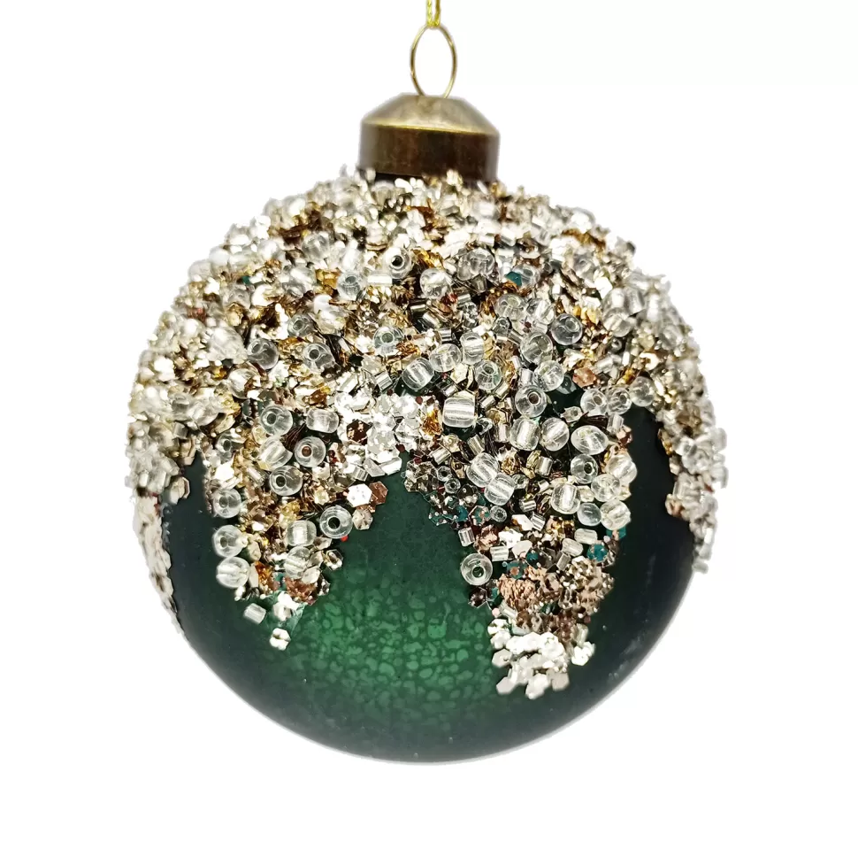 Christmas Forever ORN GLASS BALL 4″ GREEN- DARK W/ GOLD BEADS ON TOP
