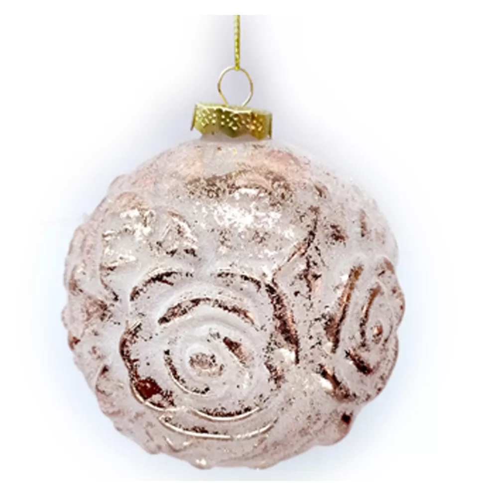 Christmas Forever ORN GLASS BALL 4″ PINK EMBOSSED ROSE FROSTED