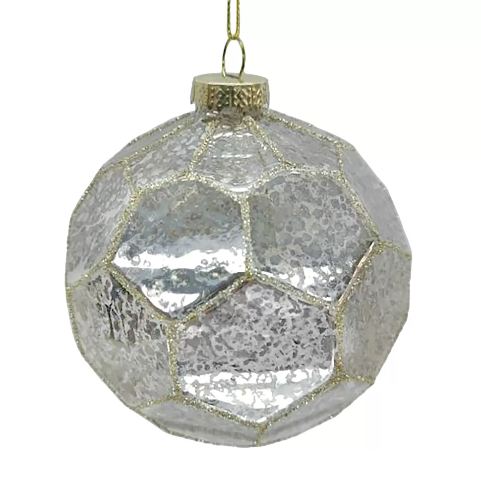 Christmas Forever ORN GLASS BALL 4″ SILVER ANTIQUE HEXAGON PATTERN