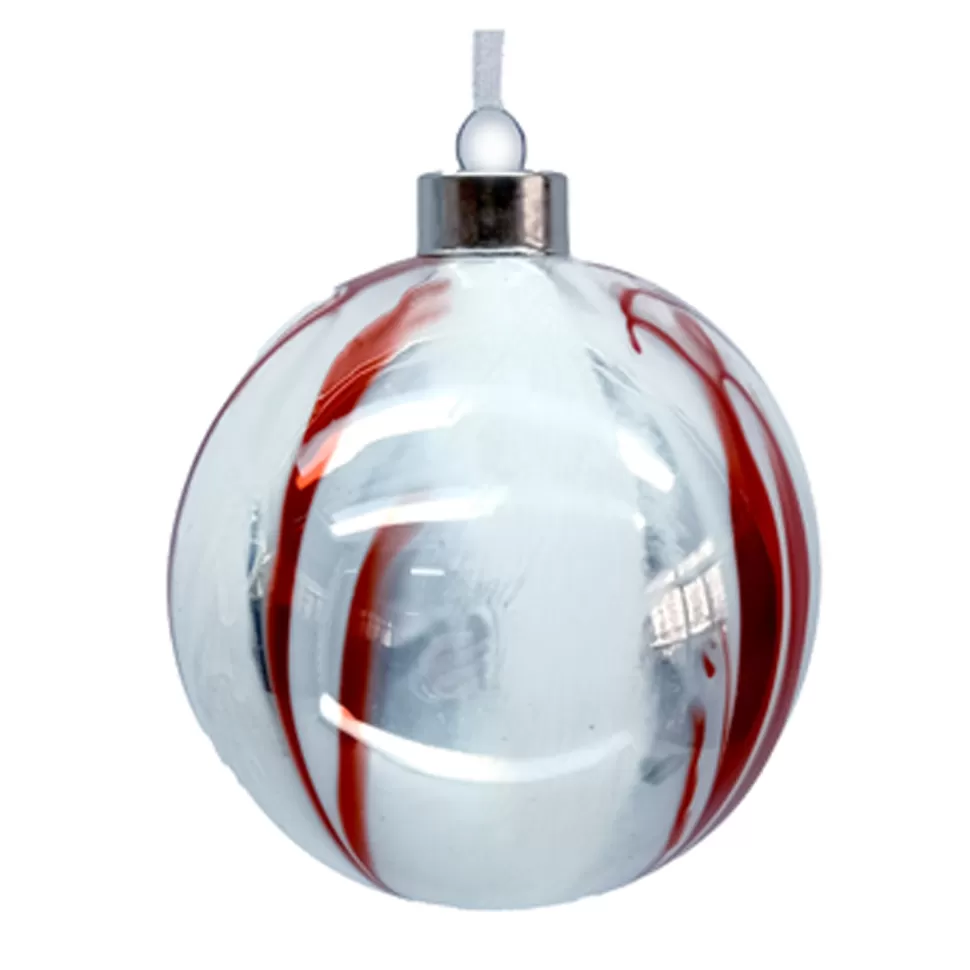 Christmas Forever ORN GLASS BALL 4″ WHITE/RED MARBLE LOOK