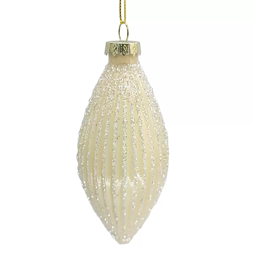 Christmas Forever ORN GLASS FINIAL 5.3″ CREAM PEARL MELON W/ GLITTER