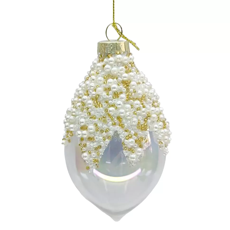 Christmas Forever ORN GLASS FINIAL 5.5 CLEAR W/ PEARL & GOLD BEADS