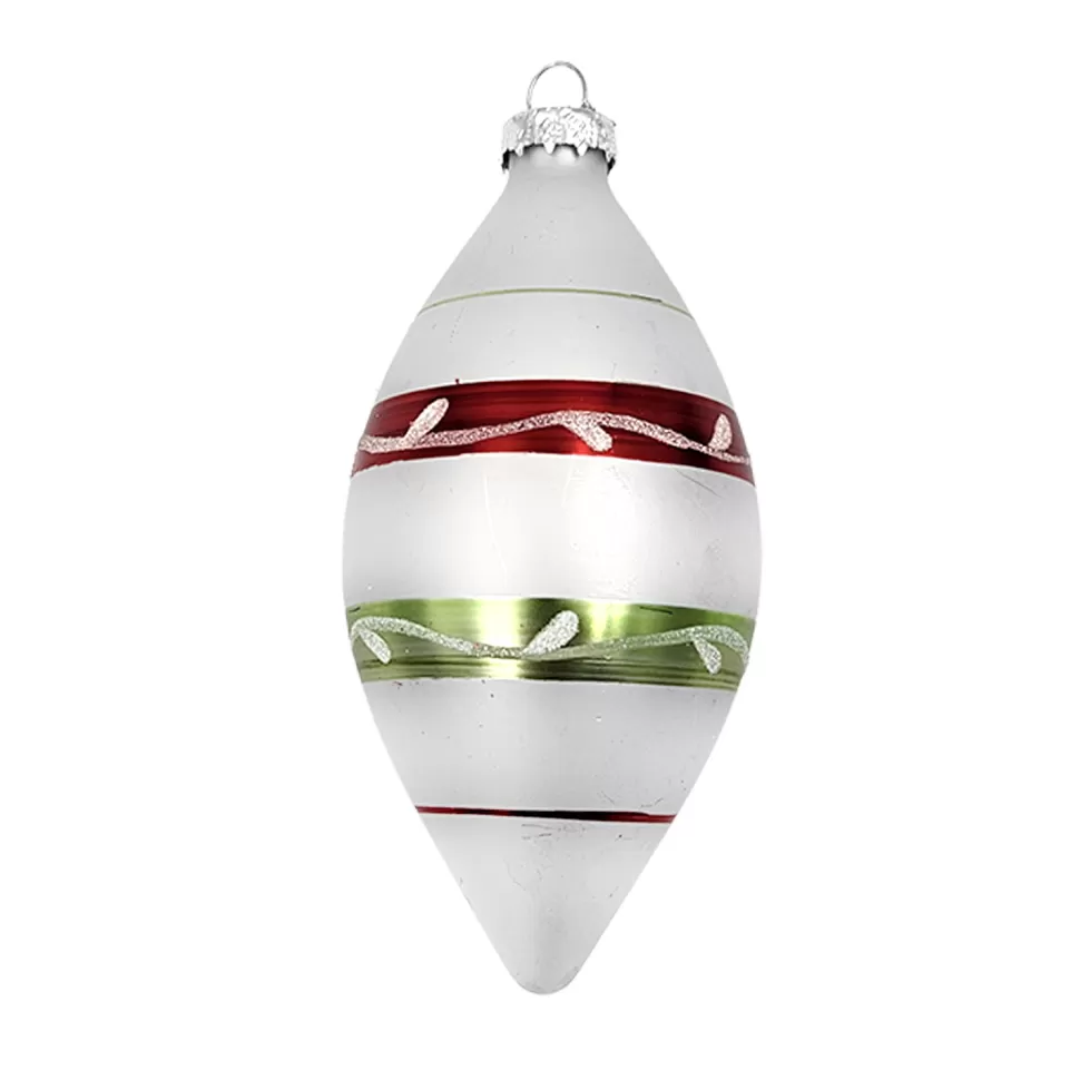 Christmas Forever ORN GLASS FINIAL 5″ WHITE/FROST LEAF W/ CHAMPAGNE GLITTER