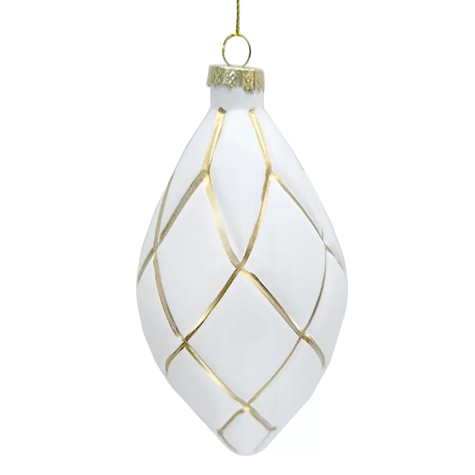Christmas Forever ORN GLASS FINIAL 6″ WHITE MATT W/ GOLD NET