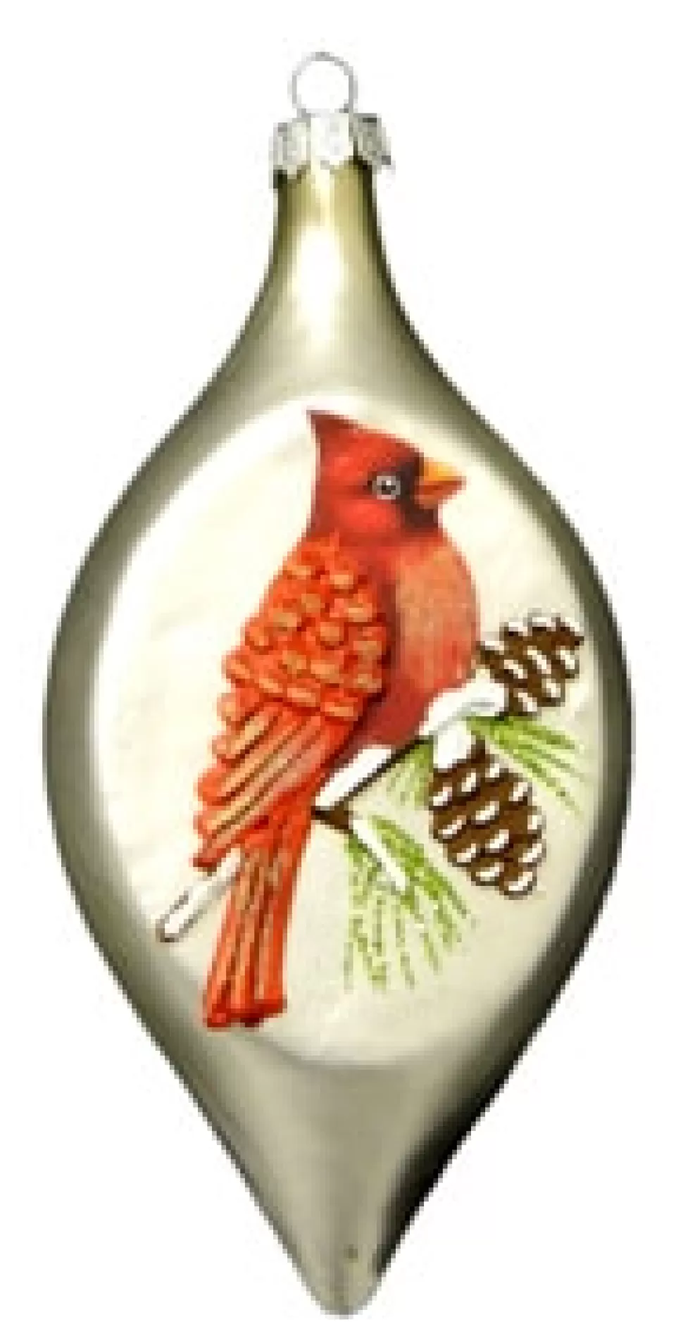 Christmas Forever ORN GLASS FINIAL CARDINAL ON BRANCH W/PINECONE 6″