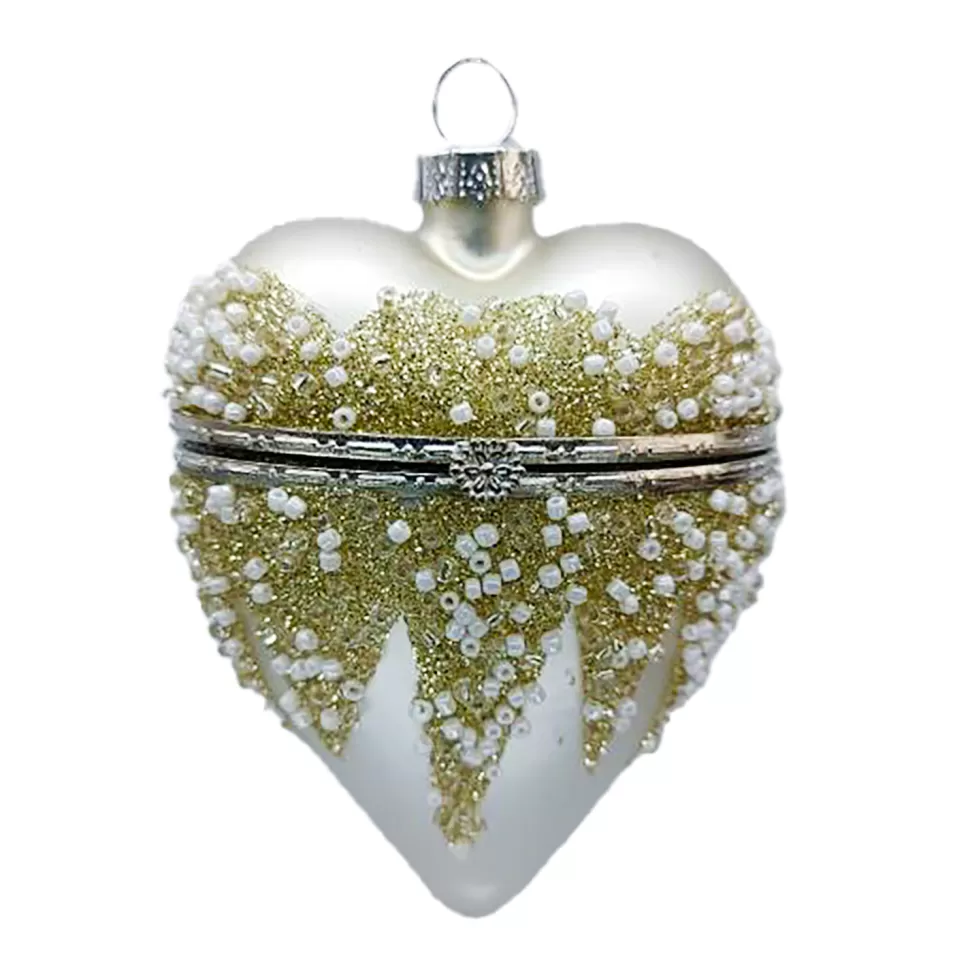Christmas Forever ORN GLASS HEART BOX 4″ CHAMPAGNE SHINY W/ GLITTER