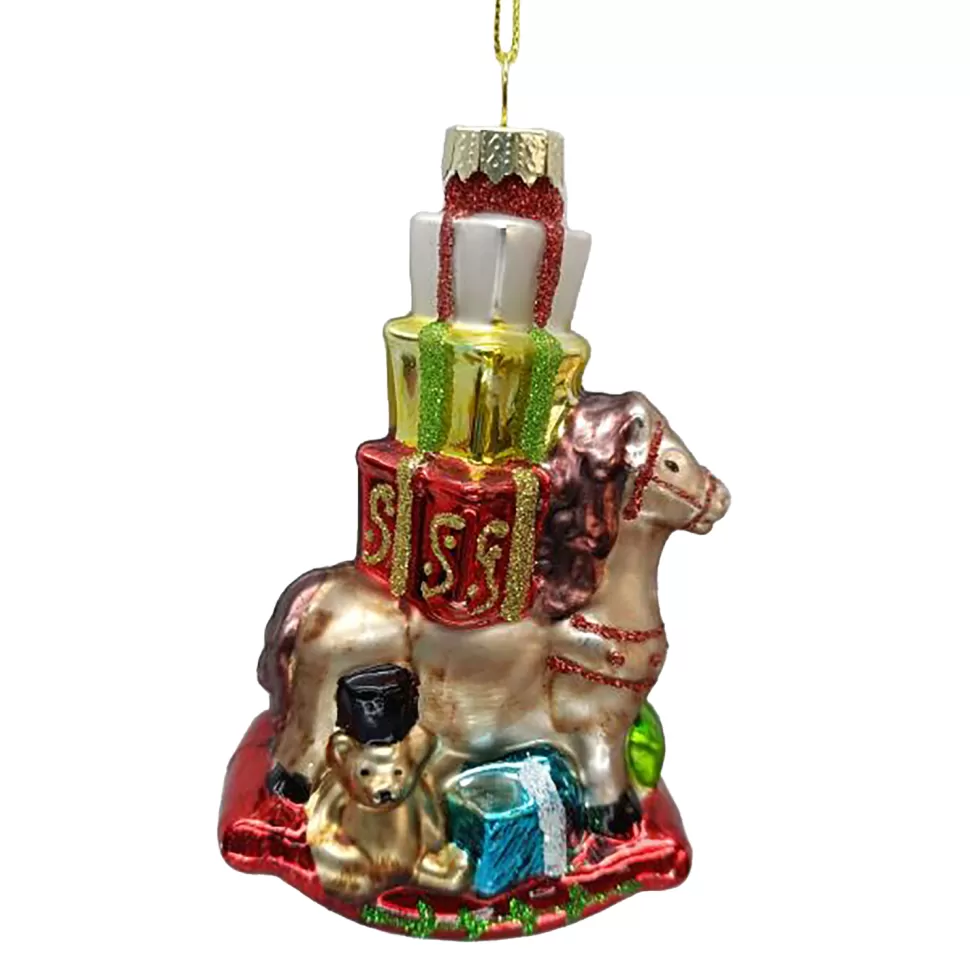 Christmas Forever ORN GLASS HORSE CARRYING GIFT 5″ MULTI