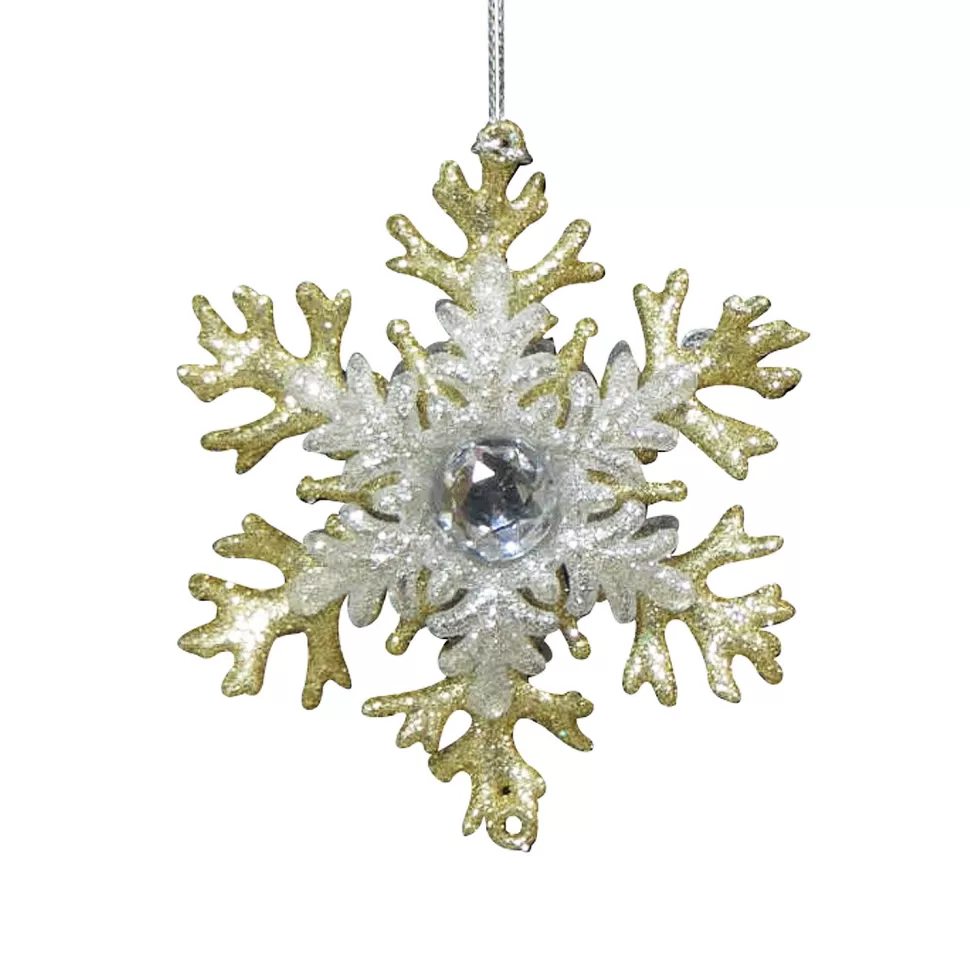 Christmas Forever ORN GOLD/ SILVER SNOWFLAKE 3″ W/ GOLD & SILVER GLITTER & JEWEL