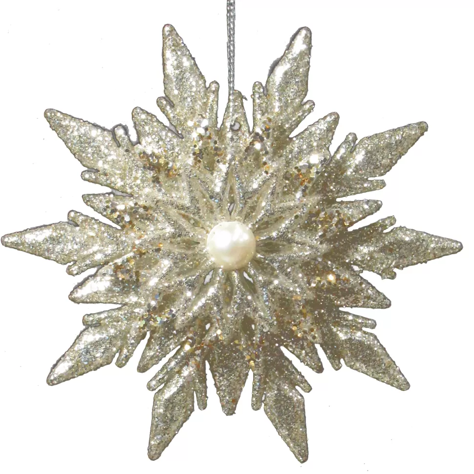 Christmas Forever ORN GOLD /SILVER SNOWFLAKE 4.5″ W/ PEARL BEAD & GLITTER