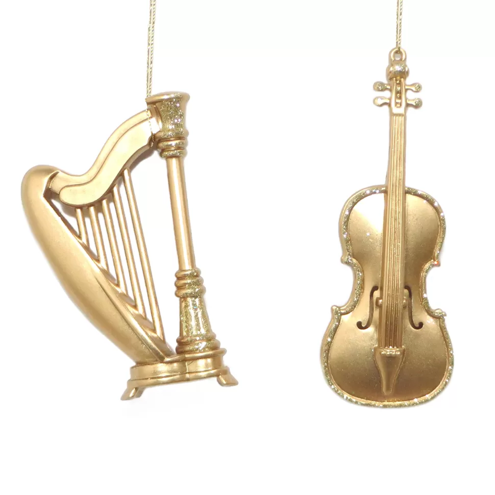 Christmas Forever ORN GOLD VIOLIN & HARP 5″ & 6″ MATT W/ GLTR. 2/S