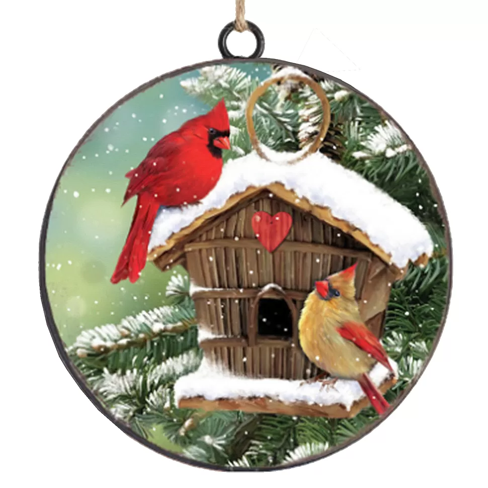 Christmas Forever ORN METAL DISC 4″ BIRD HOUSE W/ CARDINAL & ROBIN