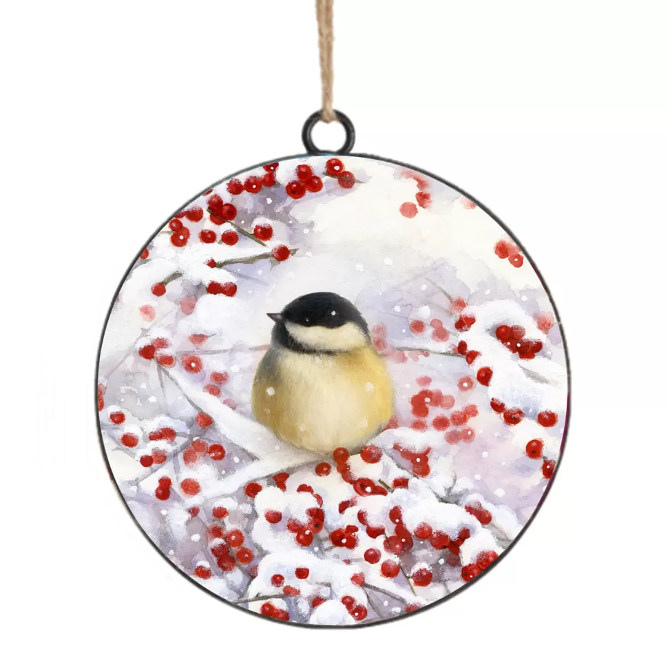 Christmas Forever ORN METAL DISC 4″ BIRD ON A BERRY SNOWY SCENE