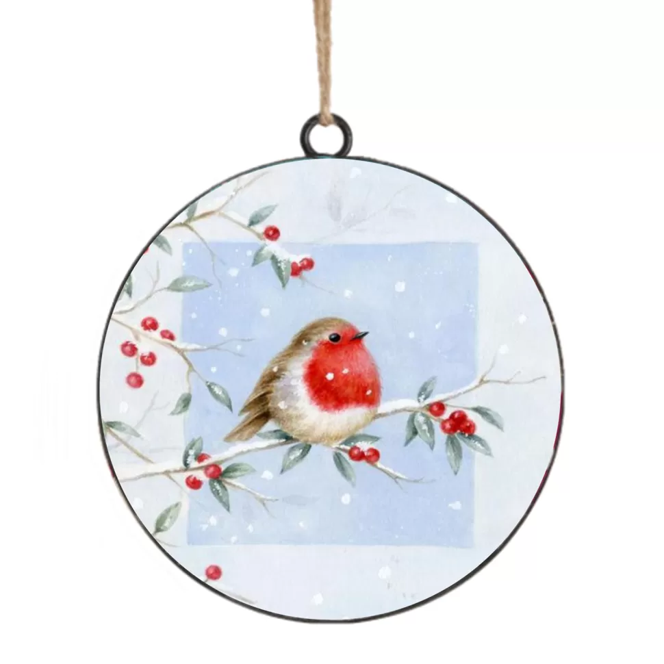 Christmas Forever ORN METAL DISC 4″ BIRD ON A TREE BRANCH SNOWY SCENE