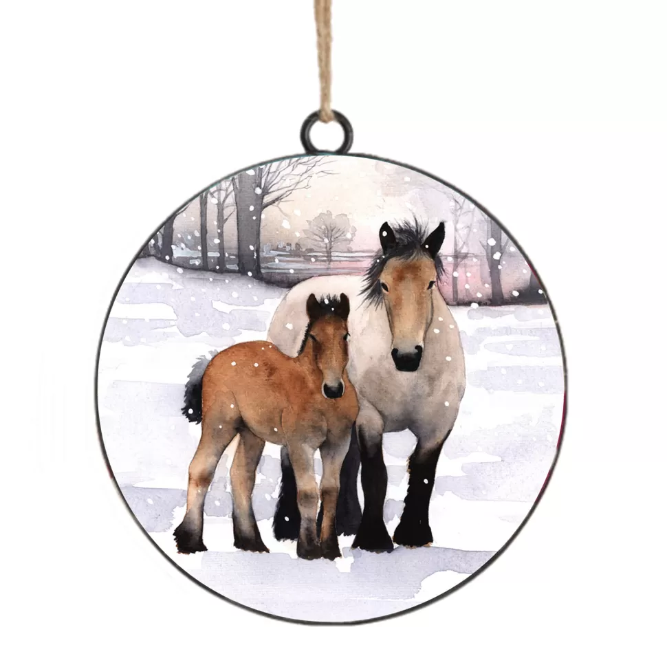 Christmas Forever ORN METAL DISC 4″ HORSES SNOWY SCENE