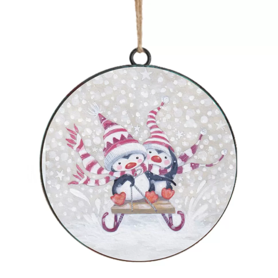 Christmas Forever ORN METAL DISC 4″ PENGUIN ON A SLEIGH RIDE
