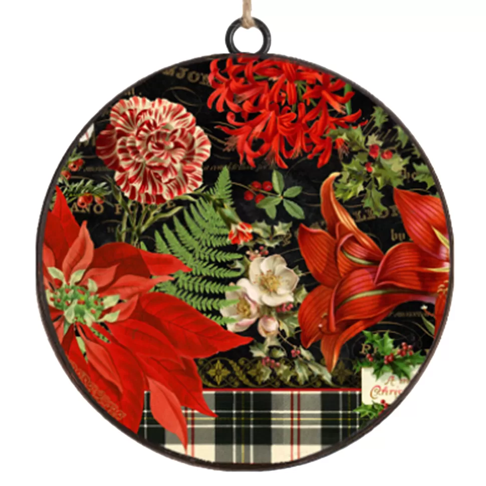 Christmas Forever ORN METAL DISC 4″ RED /BLACK CHRISTMAS FLORAL
