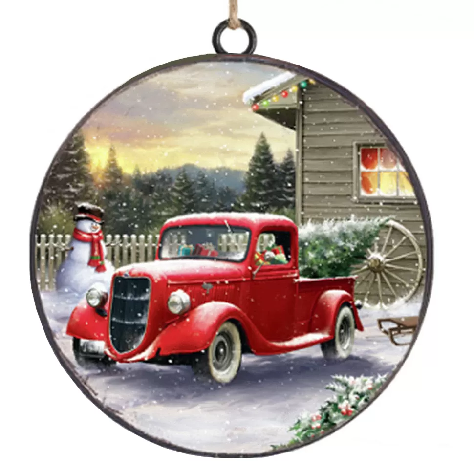 Christmas Forever ORN METAL DISC 4″ RED TRUCK W/ SNOWMAN