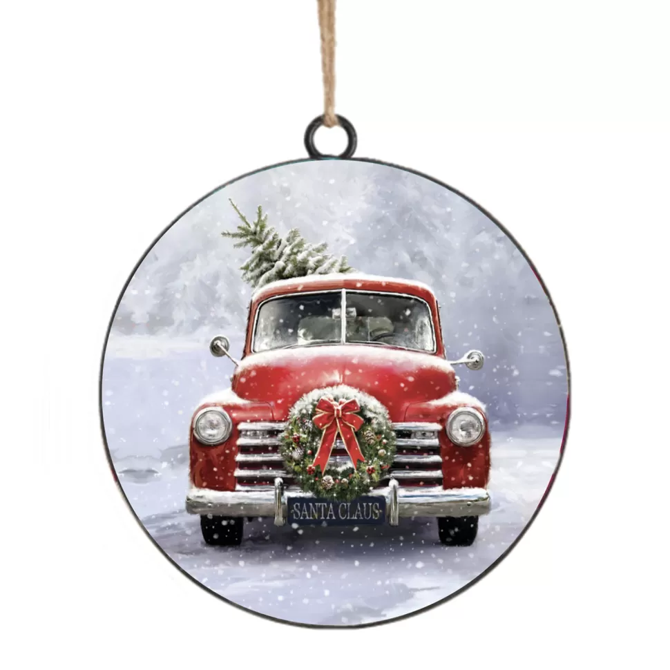 Christmas Forever ORN METAL DISC 4″ RED TRUCK WITH TREE