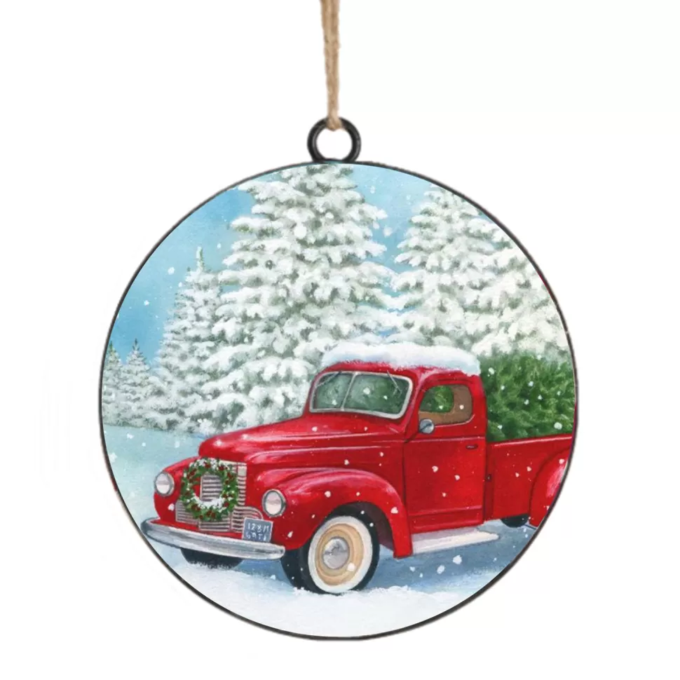 Christmas Forever ORN METAL DISC 4″ RED TRUCK WITH TREE