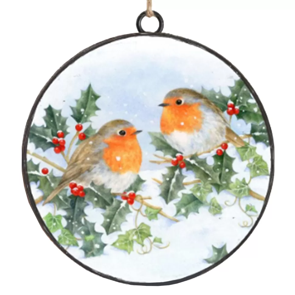 Christmas Forever ORN METAL DISC 4″ ROBIN LOVEBIRDS