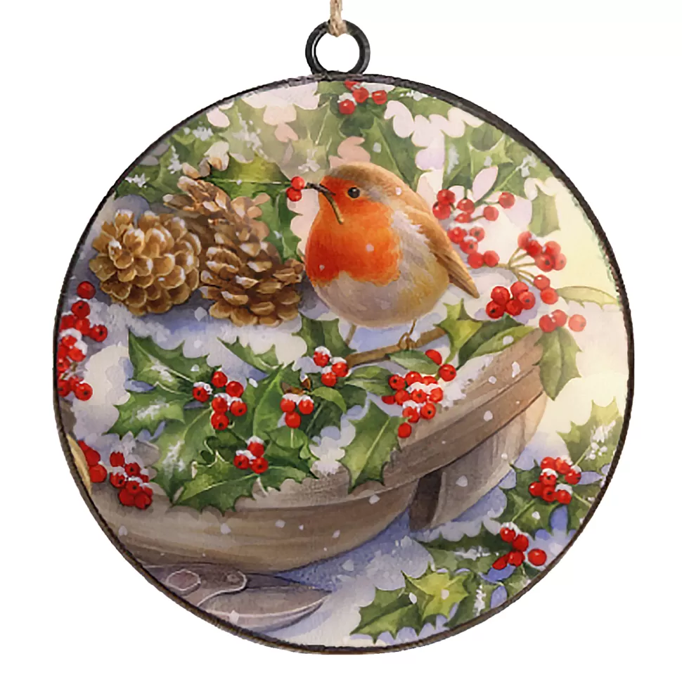 Christmas Forever ORN METAL DISC 4″ ROBIN W/PINE CONES & BERRIES