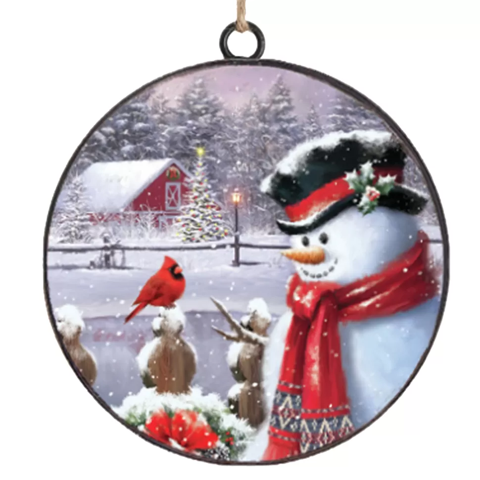 Christmas Forever ORN METAL DISC 4″ SNOWMAN & CARDINAL