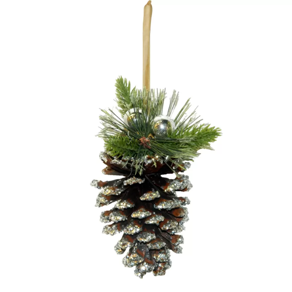 Christmas Forever ORN NAT. PINECONE 4.25″ W/PINE & RIBBON & BALL SILVER