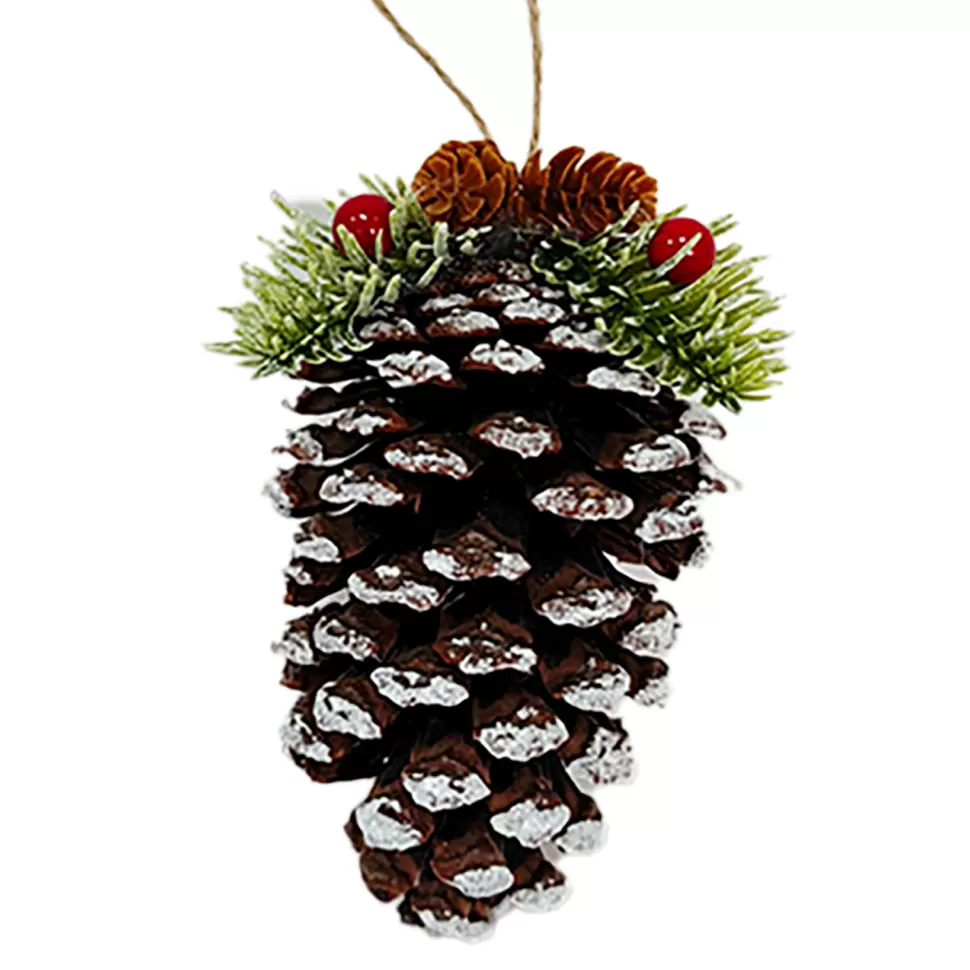 Christmas Forever ORN NAT. PINECONE NATURAL/WHITE 4.5″ W/ PINE & BERRIES