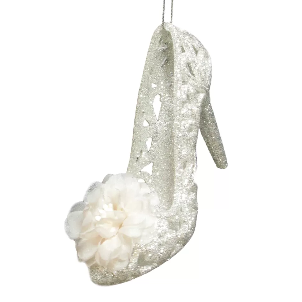 Christmas Forever ORN SILVER HIGH HEEL SHOE 4″ W/ FLOWER & BRIGHT SLV. GLTR.