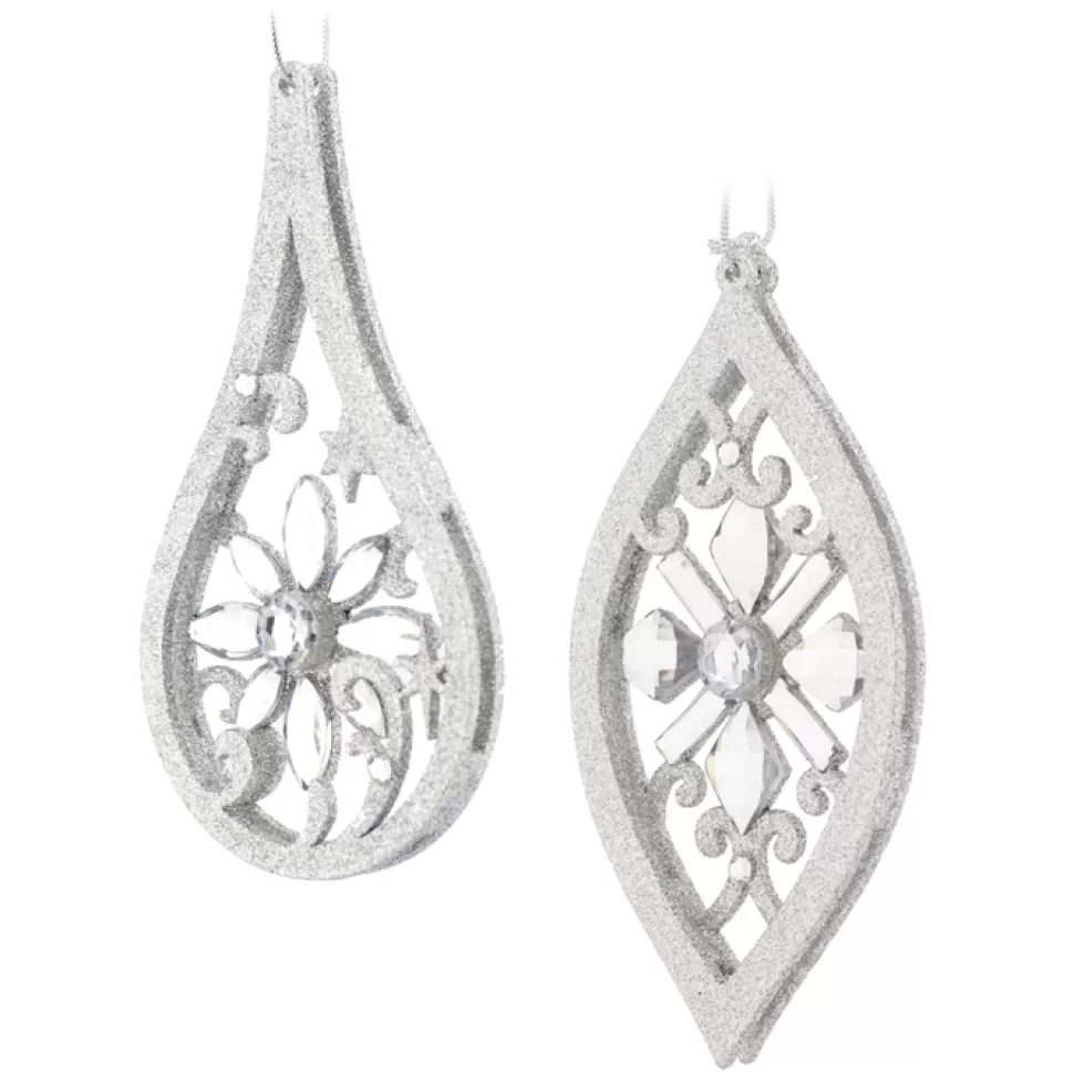 Christmas Forever ORN WHITE /SILVER DROP 6.5″ W/GLTR & JEWELS 2/S