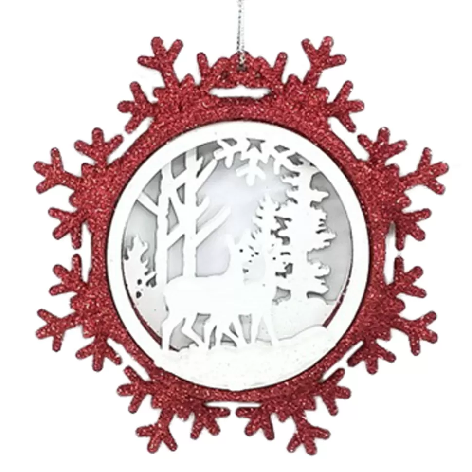 Christmas Forever ORN WOODEN DEER IN SNOWFLAKE 5″ RED/ WHITE
