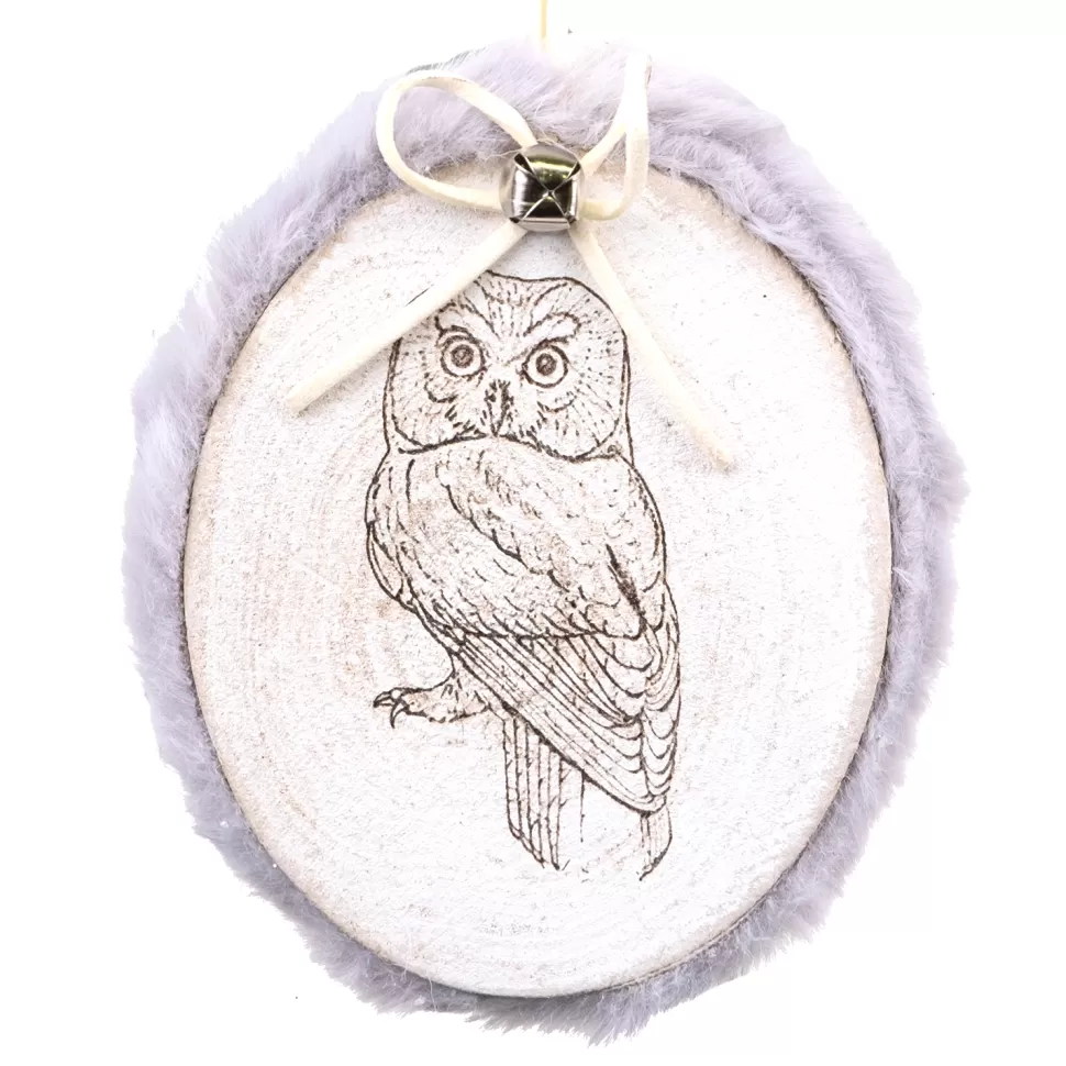 Christmas Forever ORN WOODEN DISC 4.5″ BIRCH W/ OWL & FUR TRIM