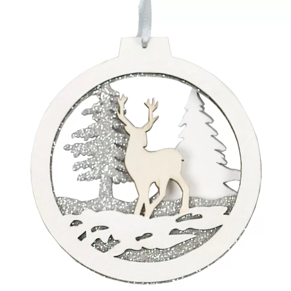 Christmas Forever ORN WOODEN DISC 4″ DEER IN FOREST WHITE/SILVER