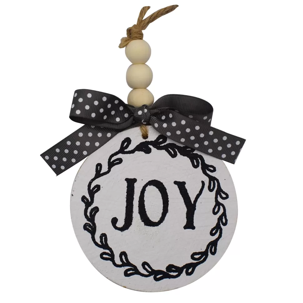 Christmas Forever ORN WOODEN DISC 4″ WHITE W/JOY IN BLACK