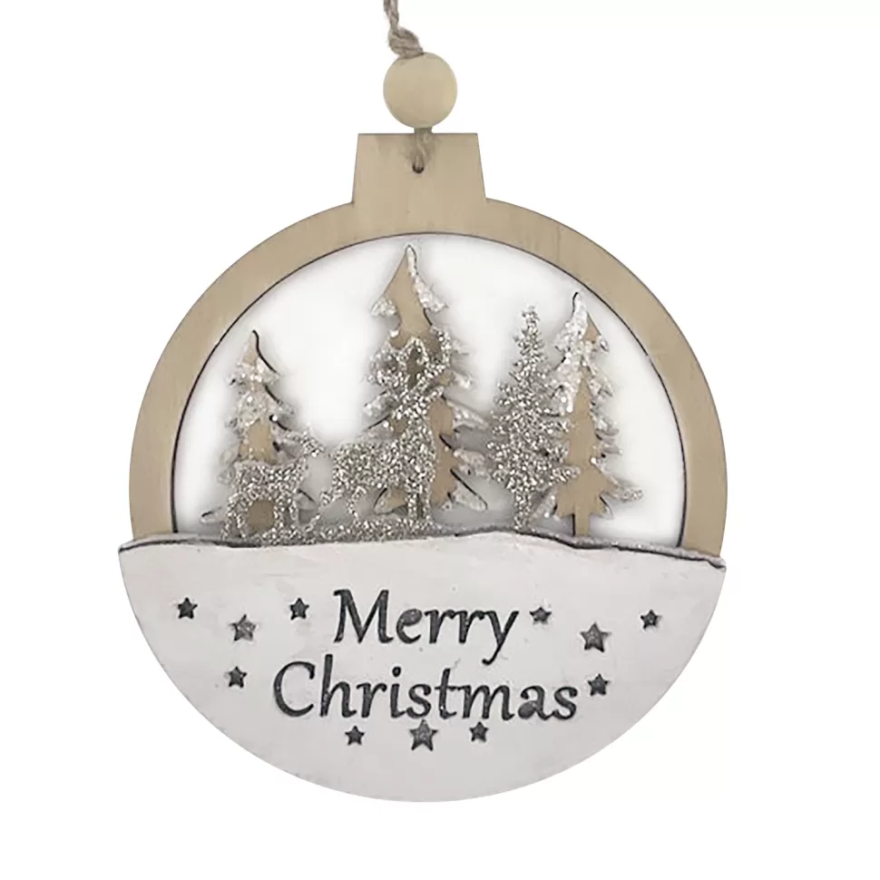 Christmas Forever ORN WOODEN DISC “MERRY CHRISTMAS” 4.5″ NATURAL/WHITE
