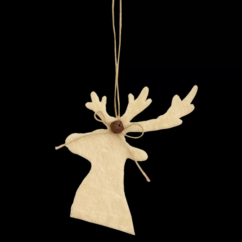 Christmas Forever ORN WOODEN MOOSE HEAD 6.25″ BEIGE FUR W/BELL