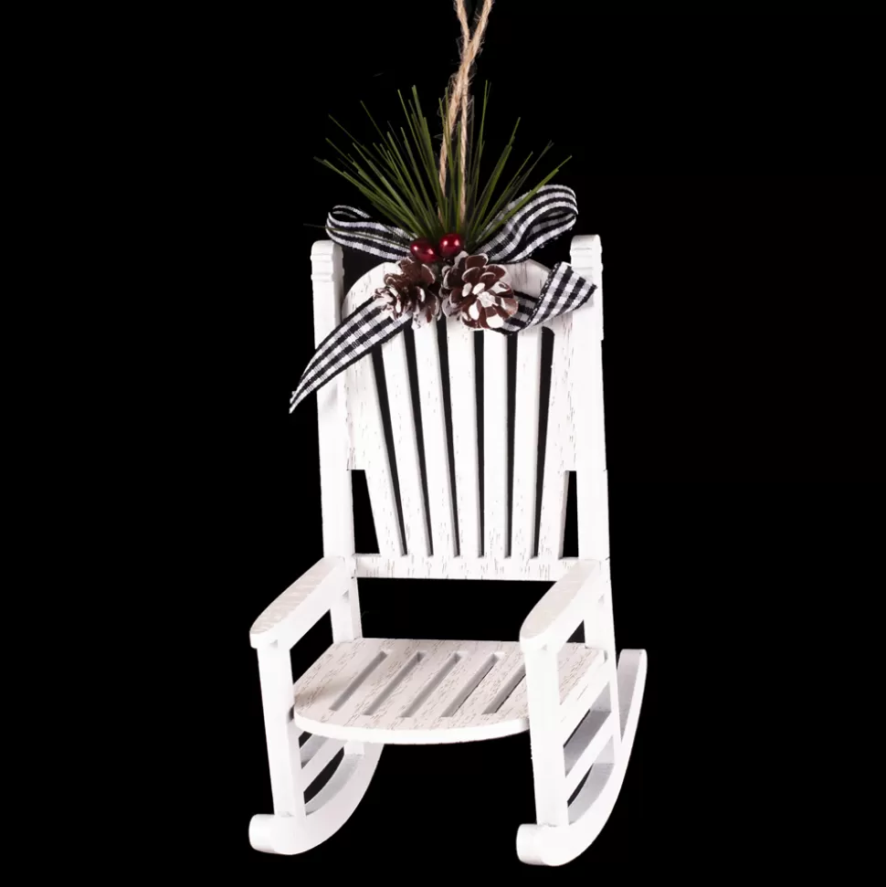 Christmas Forever ORN WOODEN ROCKING CHAIR 5″ WHITE W/WHT/BLK CHECK RIBBON BOW & GREENS
