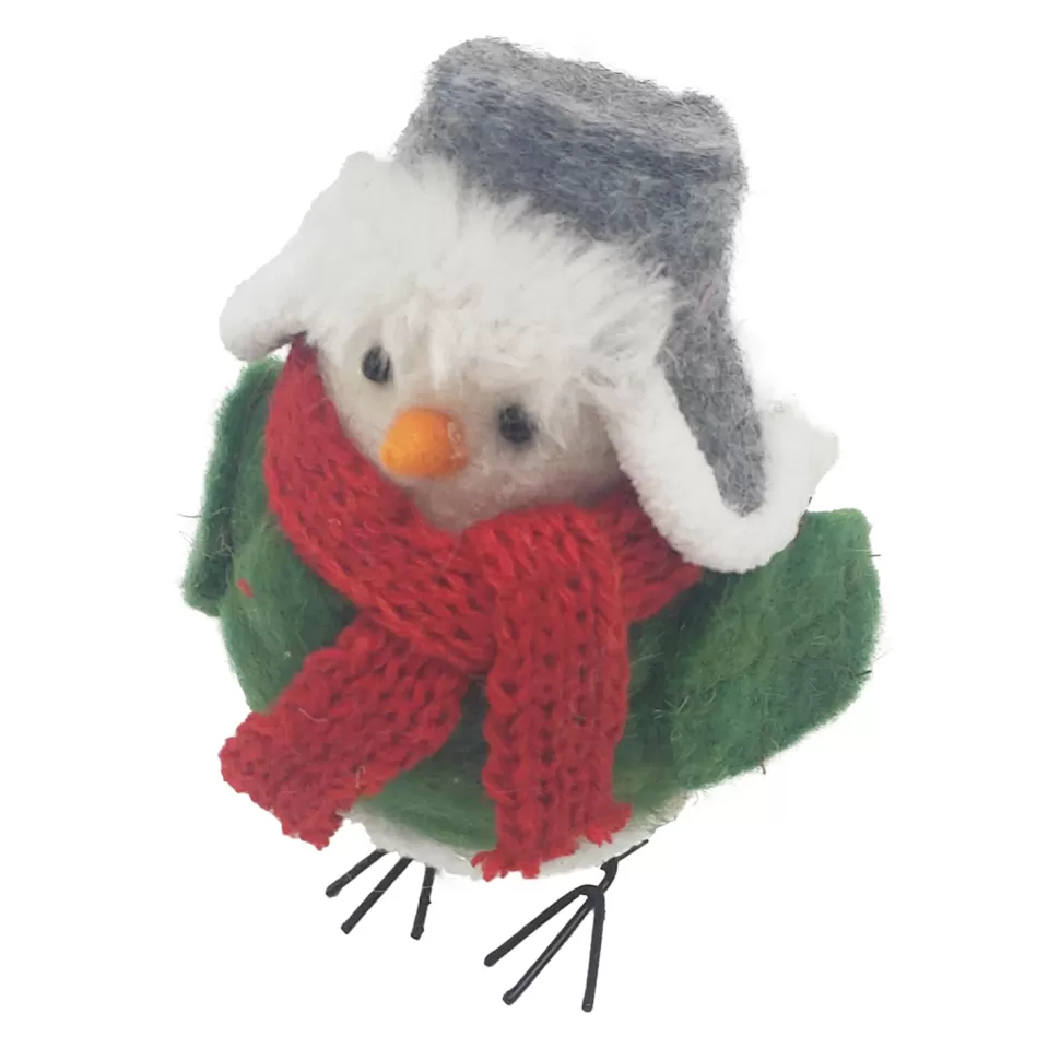 Christmas Forever ORN WOOL BIRD 4″X5″X6″ W/ GRAY HAT&RED SCARF