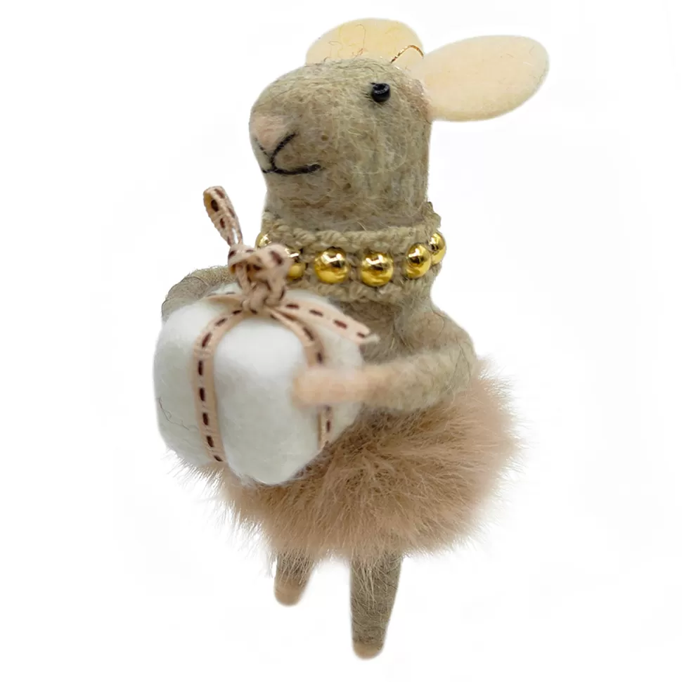Christmas Forever ORN WOOL MOUSE W/ SKIRT & GIFT BOX 5.5″ GREY/PINK