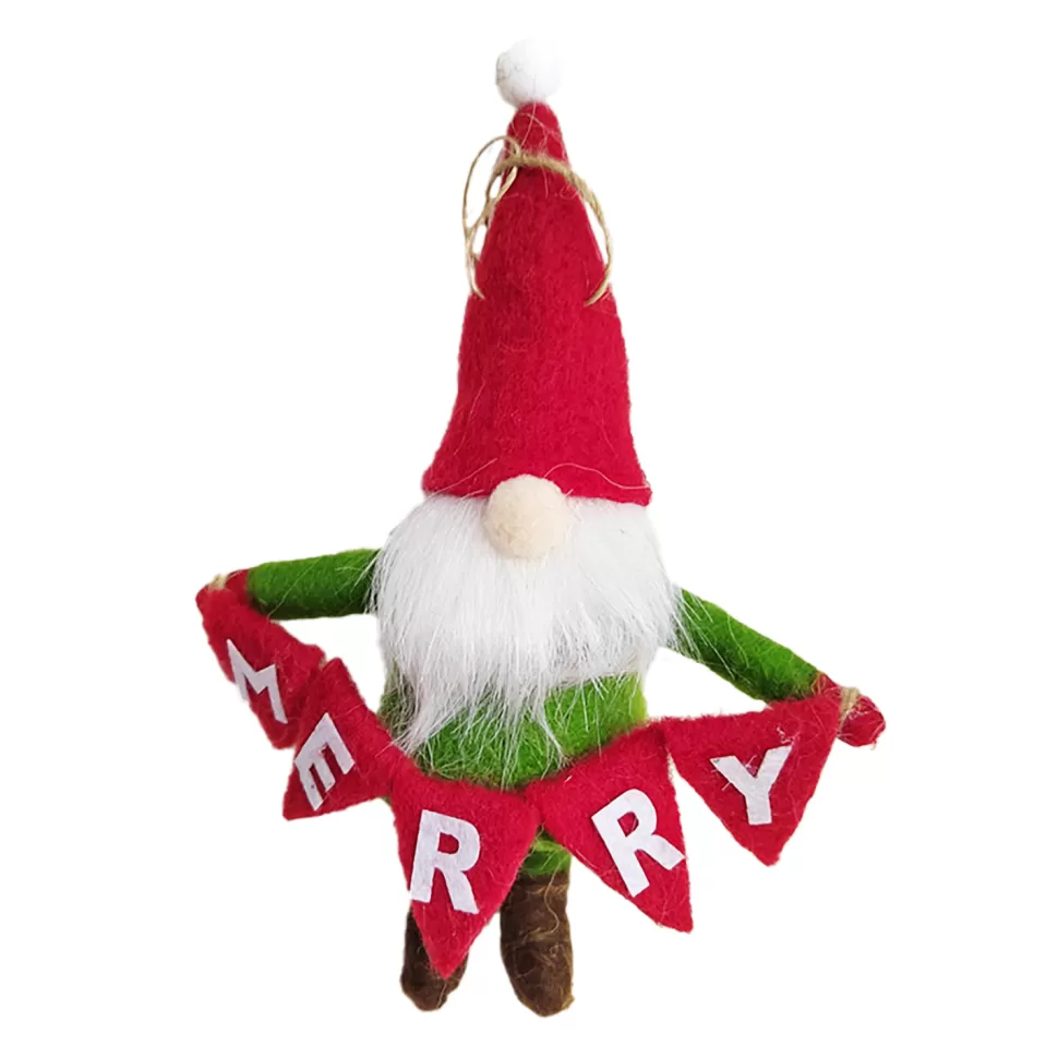 Christmas Forever ORN WOOL SANTA 6.5″ W/ MERRY FLAG 6.5″