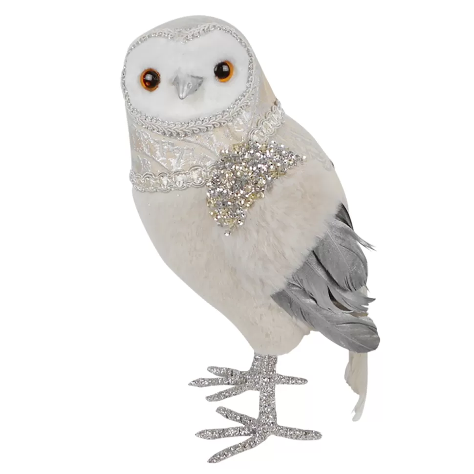 Christmas Forever OWL IVORY 10″ STANDING W/ FUR FABRIC, GLITTER & SEQUIN