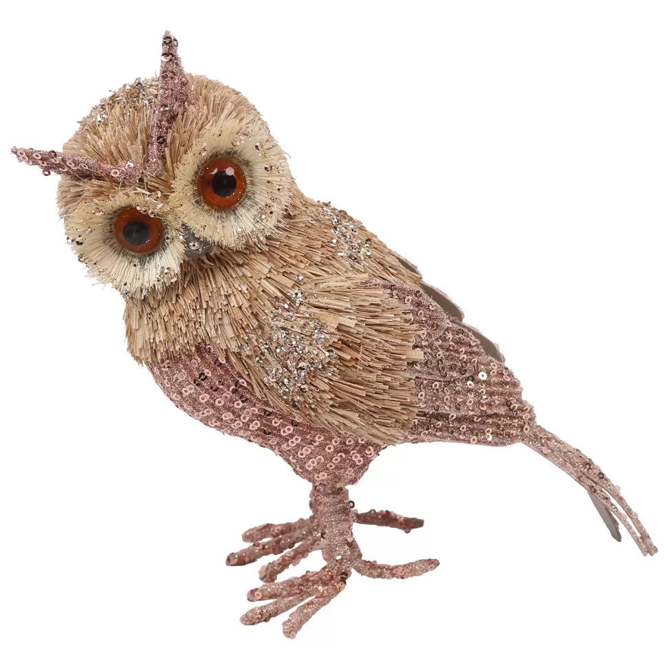Christmas Forever OWL NATURAL GRASS 9″ STANDING W/ PINK BELLY & GLITTER