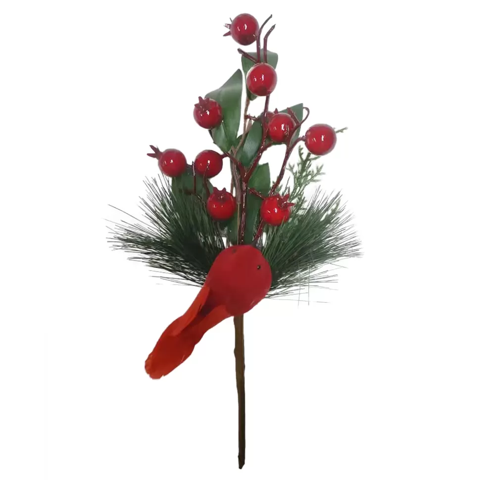 Christmas Forever PICK GRN PINE 12″ RED BERRY W/ BIRD