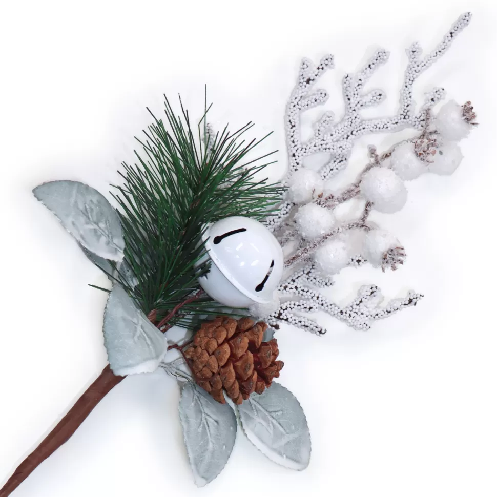 Christmas Forever PICK ICED TWIGS & BERRIES 13.5″ GREEN/WHITE W/ PINE, CONE & BELL