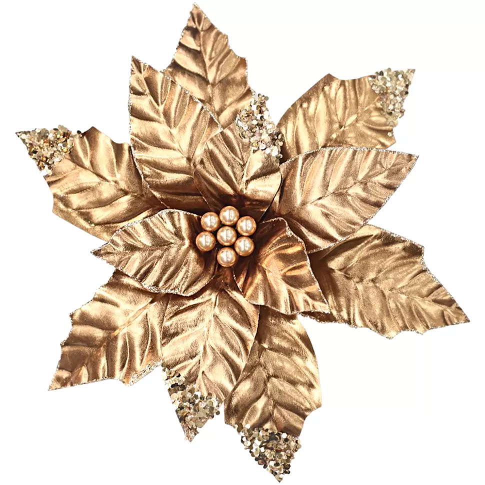 Christmas Forever POINSETTIA HEAD COPPER BROWN 12″ LEATHER METALLIC W/ CLIP